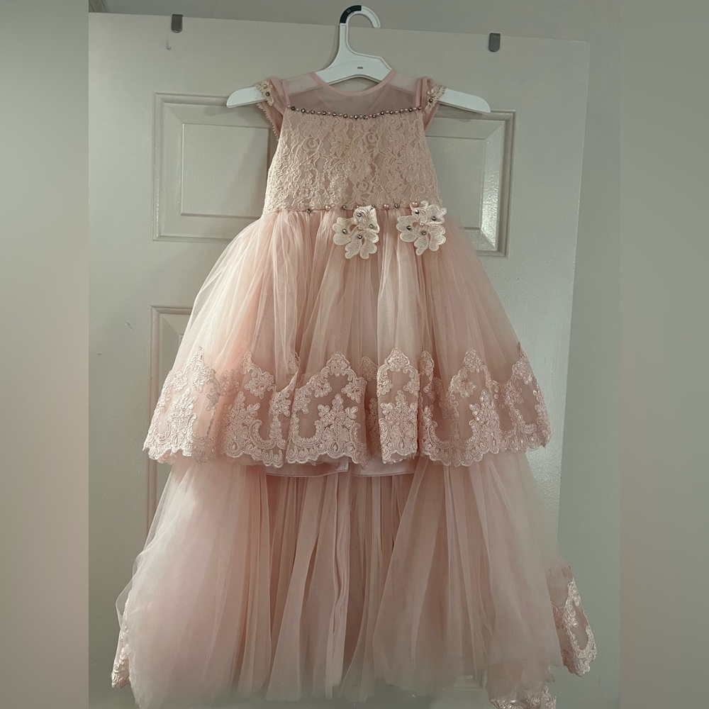 Girls' Formal Tulle Lace Dress in Blush Pink